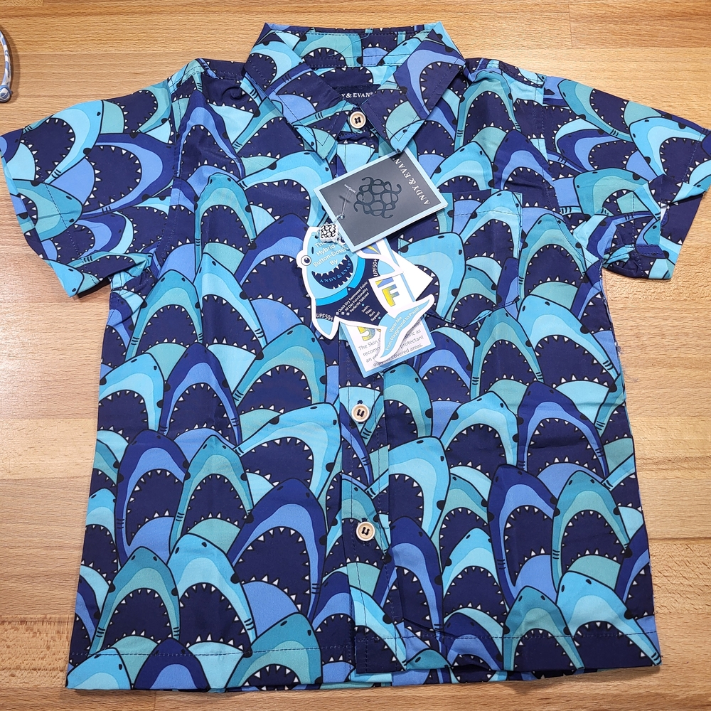Nwt Boys Size 4T Andy & Evan Blue Shark Print Button Down Shirt Hybrid Shirt